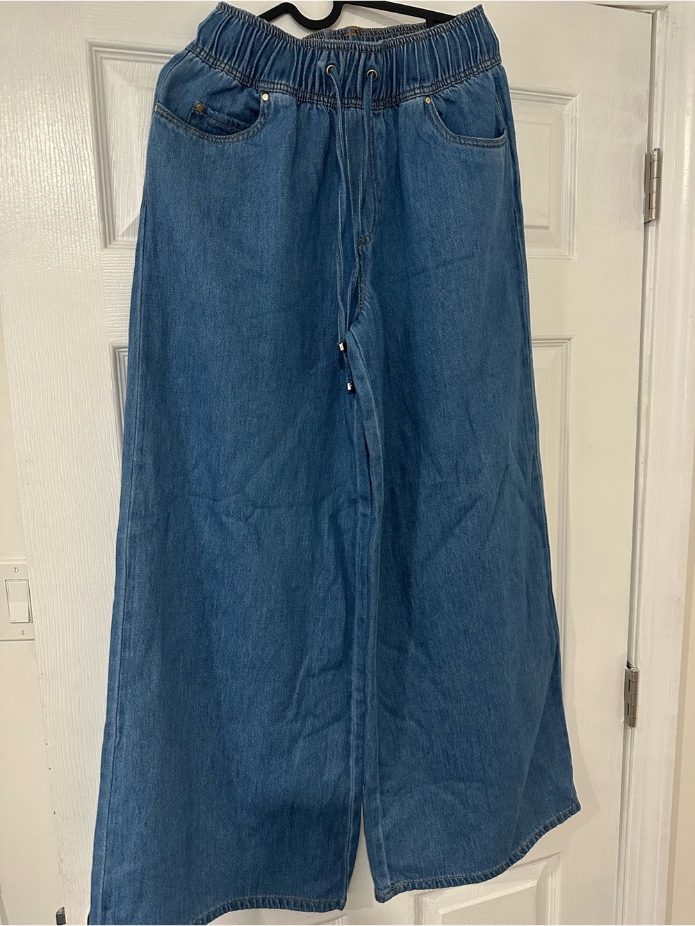 Wide A-Line Denim Skirt with Elastic Drawstring Waist in Blue